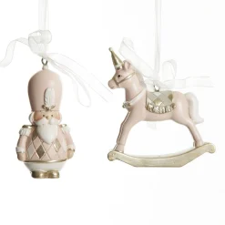 Adorable Pink Rocking Horse and Nutcracker Christmas Decoration - Set of 2 Cheap