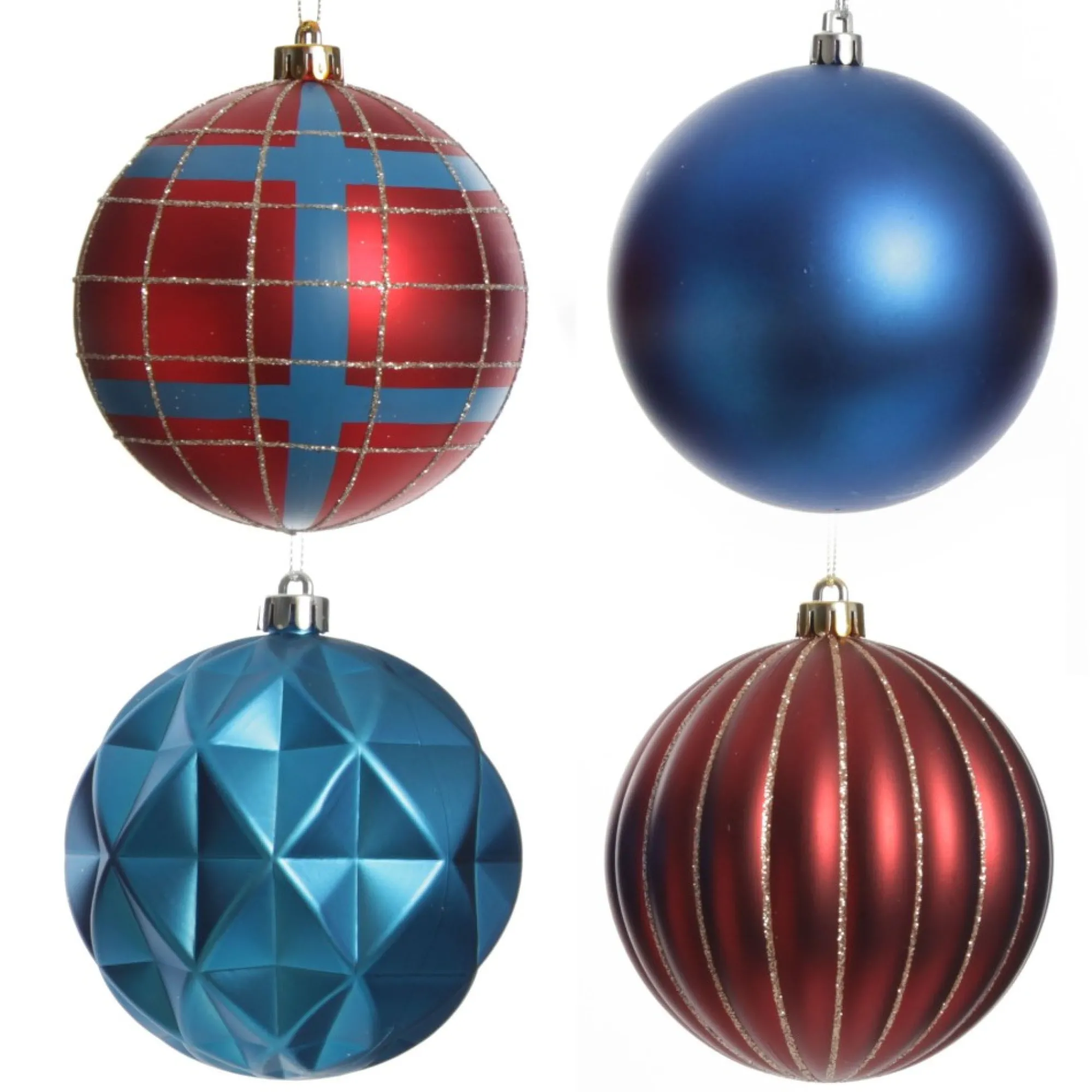 Assorted Decorative Red and Blue Shatterproof Christmas Baubles - Set of 4 New