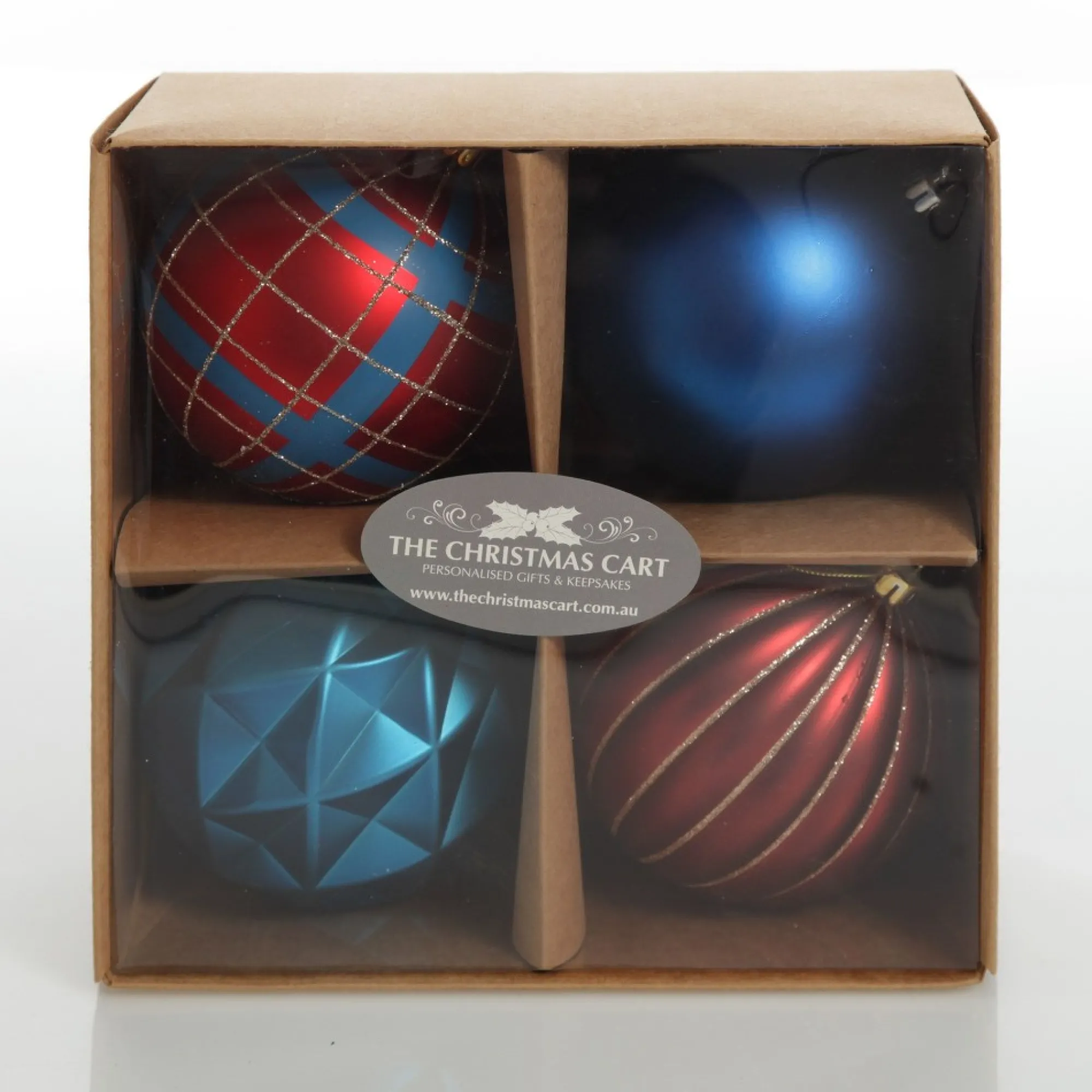 Assorted Decorative Red and Blue Shatterproof Christmas Baubles - Set of 4 New