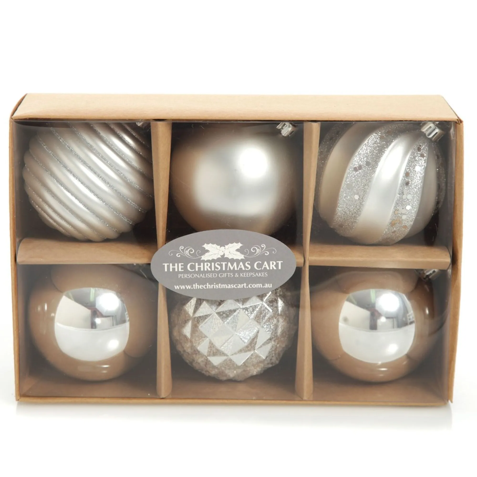 Assorted Decorative Silver Shatterproof Christmas Baubles - Set of 6 Clearance