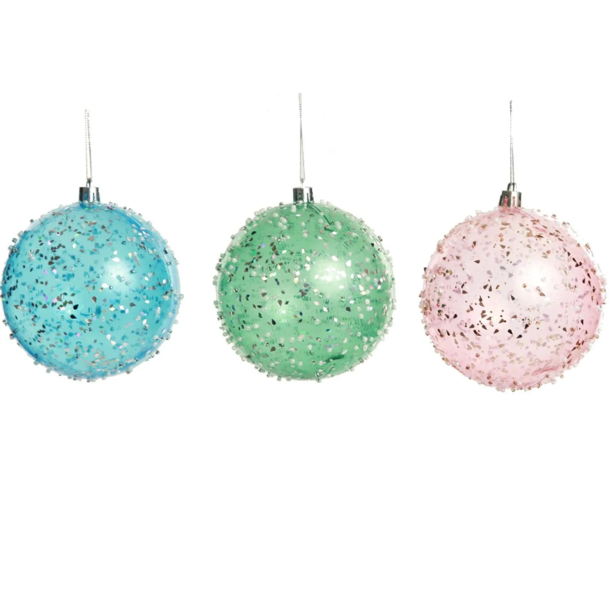 Assorted Pastel Sequin Sprinkles Shatterproof Christmas Baubles - Set of 3 New