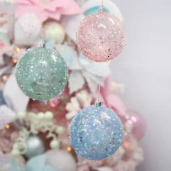 Assorted Pastel Sequin Sprinkles Shatterproof Christmas Baubles - Set of 3 New