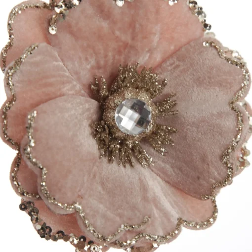 Baby Pink Velvet Magnolia Flower Clip with Jewel Centre and Sequin Tips Hot