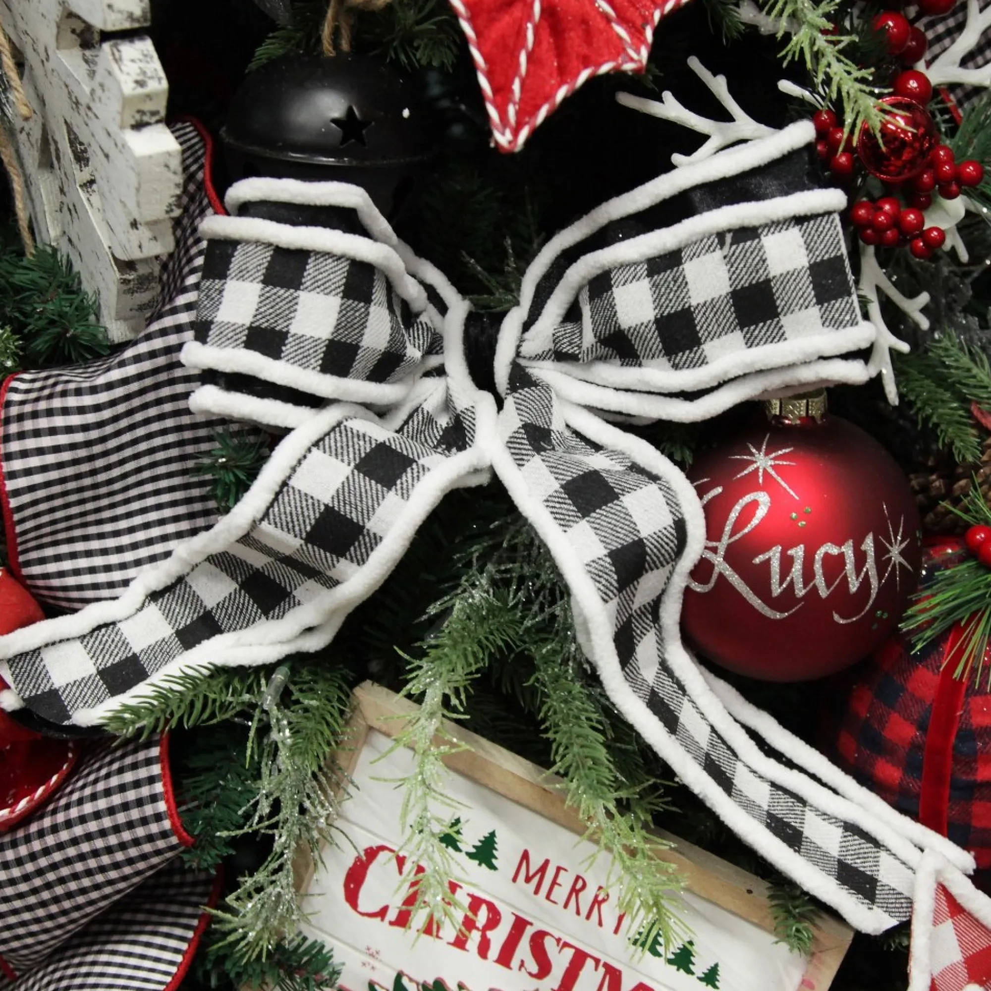 Black and White Check Christmas Bow with Fur Trim Cheap