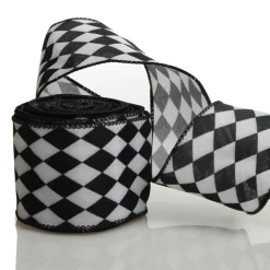 Black and White Harlequin Diamond Pattern Wired Ribbon - 6.5cm Best