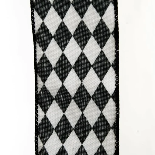 Black and White Harlequin Diamond Pattern Wired Ribbon - 6.5cm Best