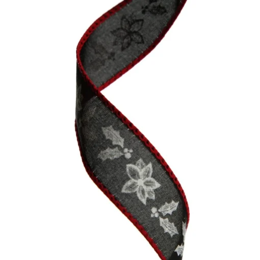 Black Holly with Red Trim Wired Ribbon - 2.2cm Clearance