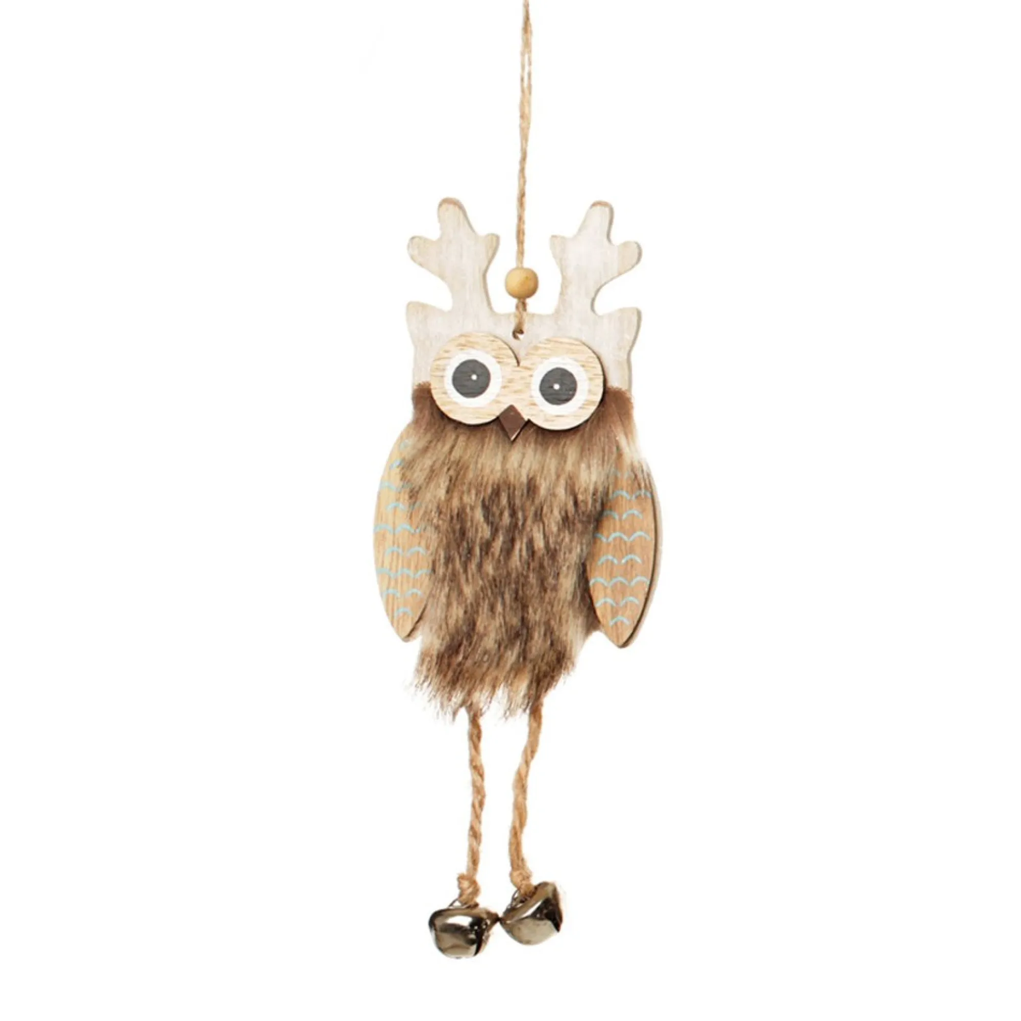 Brown Wood Owl Tree Decorations with Fur & Bells Shop