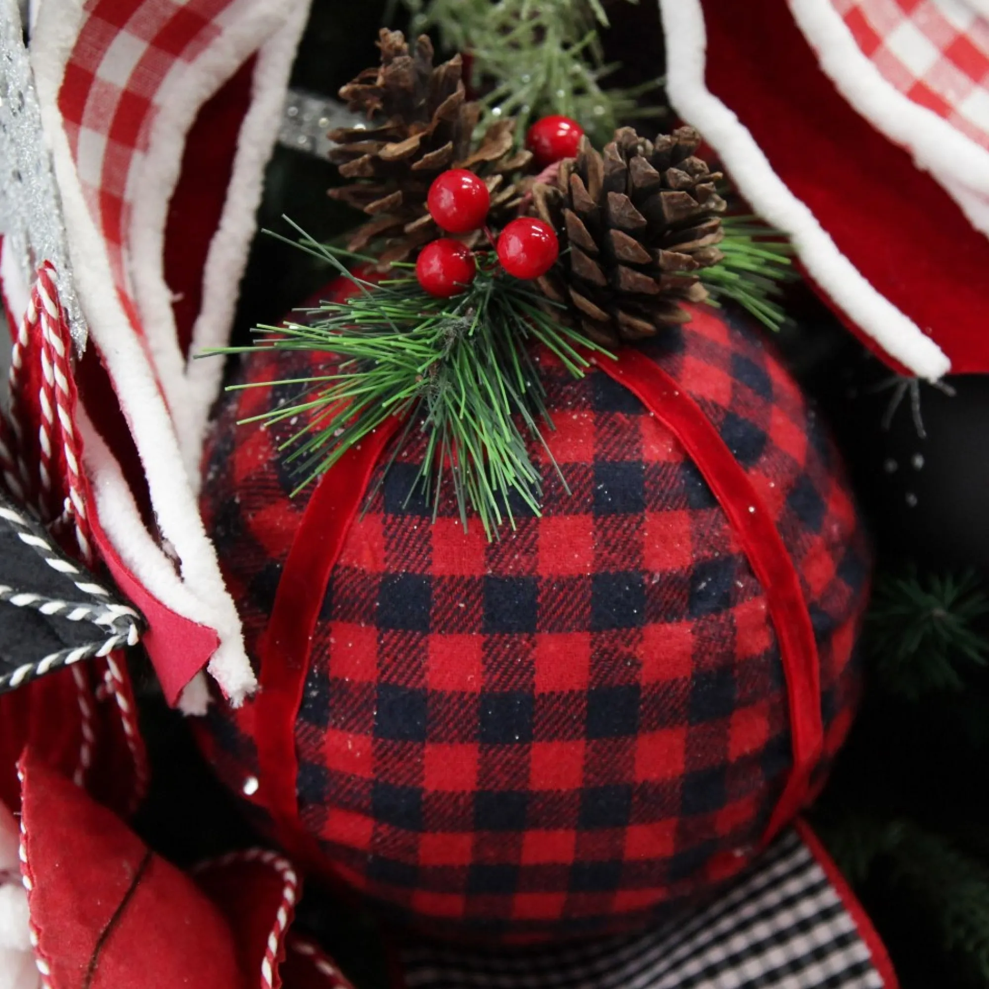 Buffalo Check Bauble with Pine and Cone Topper Discount