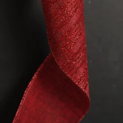 Burgundy Glitter and Linen Striped Wired Ribbon - 6.5cm Store