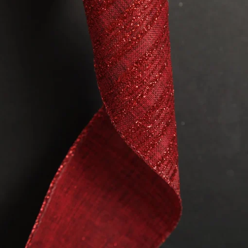Burgundy Glitter and Linen Striped Wired Ribbon - 6.5cm Store