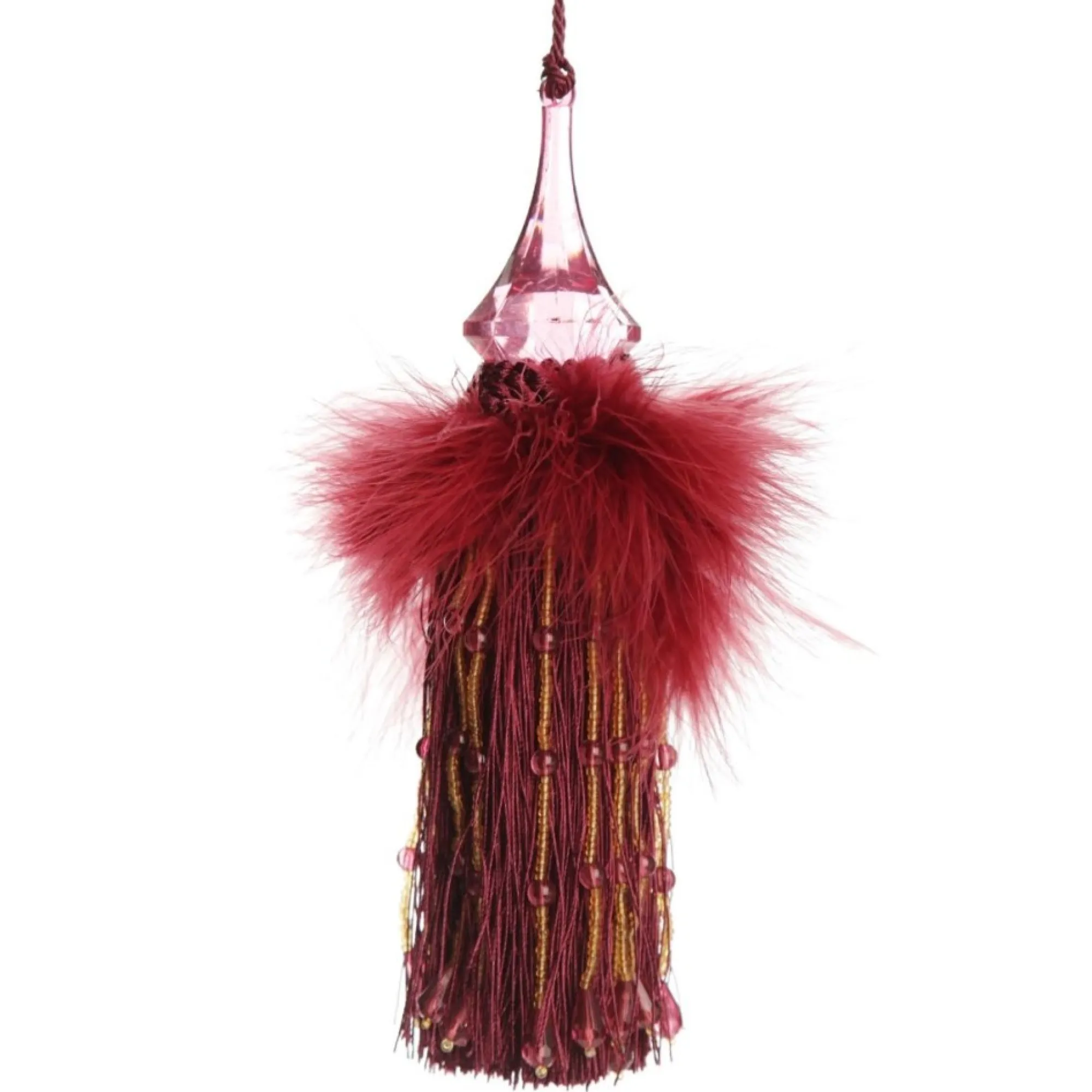 Burgundy Tassel with Feathers and Beaded Fringing Clearance
