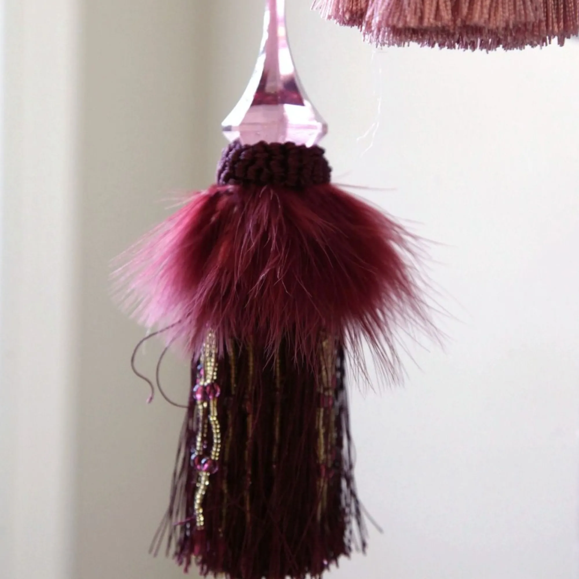 Burgundy Tassel with Feathers and Beaded Fringing Clearance