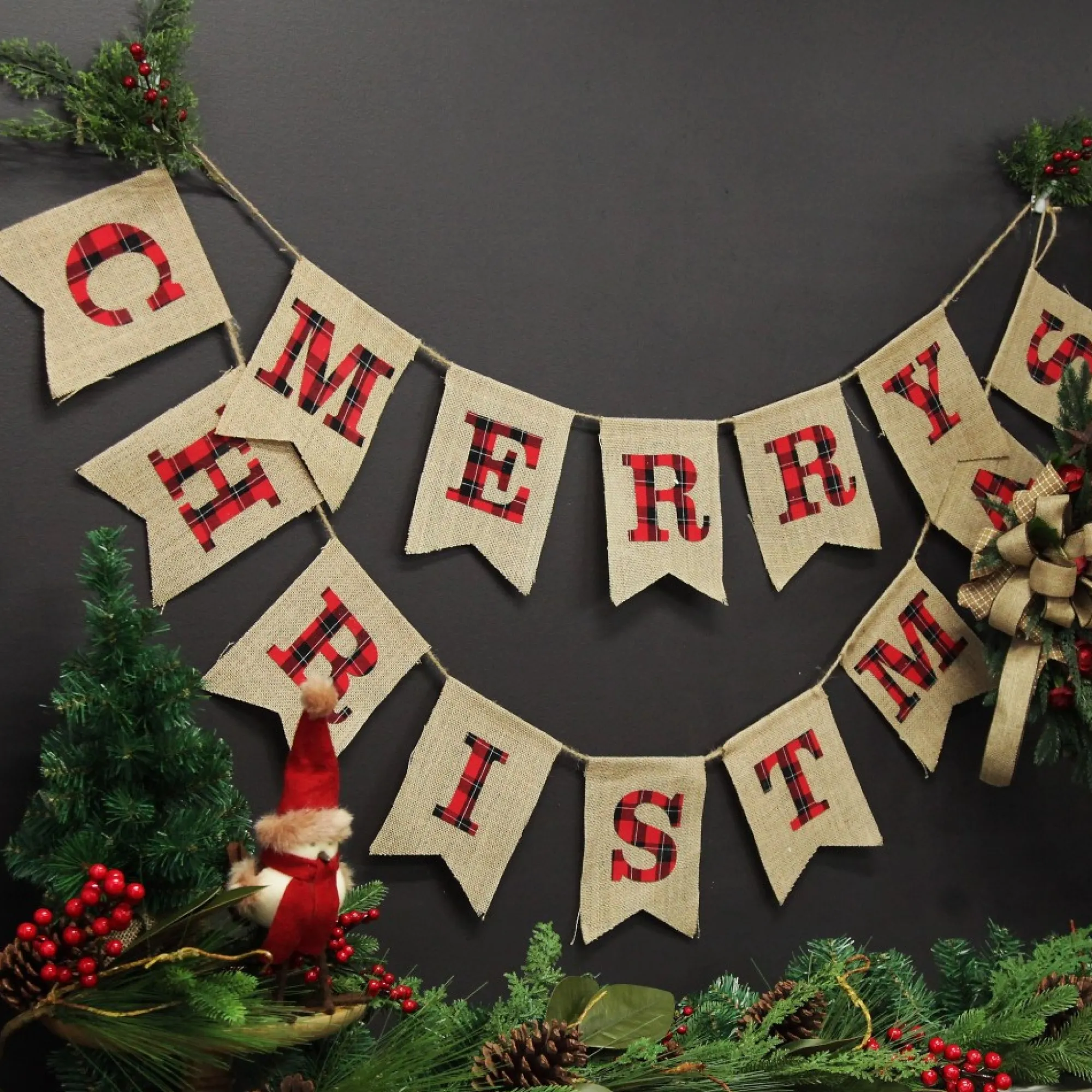 Burlap Bunting with Red and Black Plaid Merry Christmas Fashion