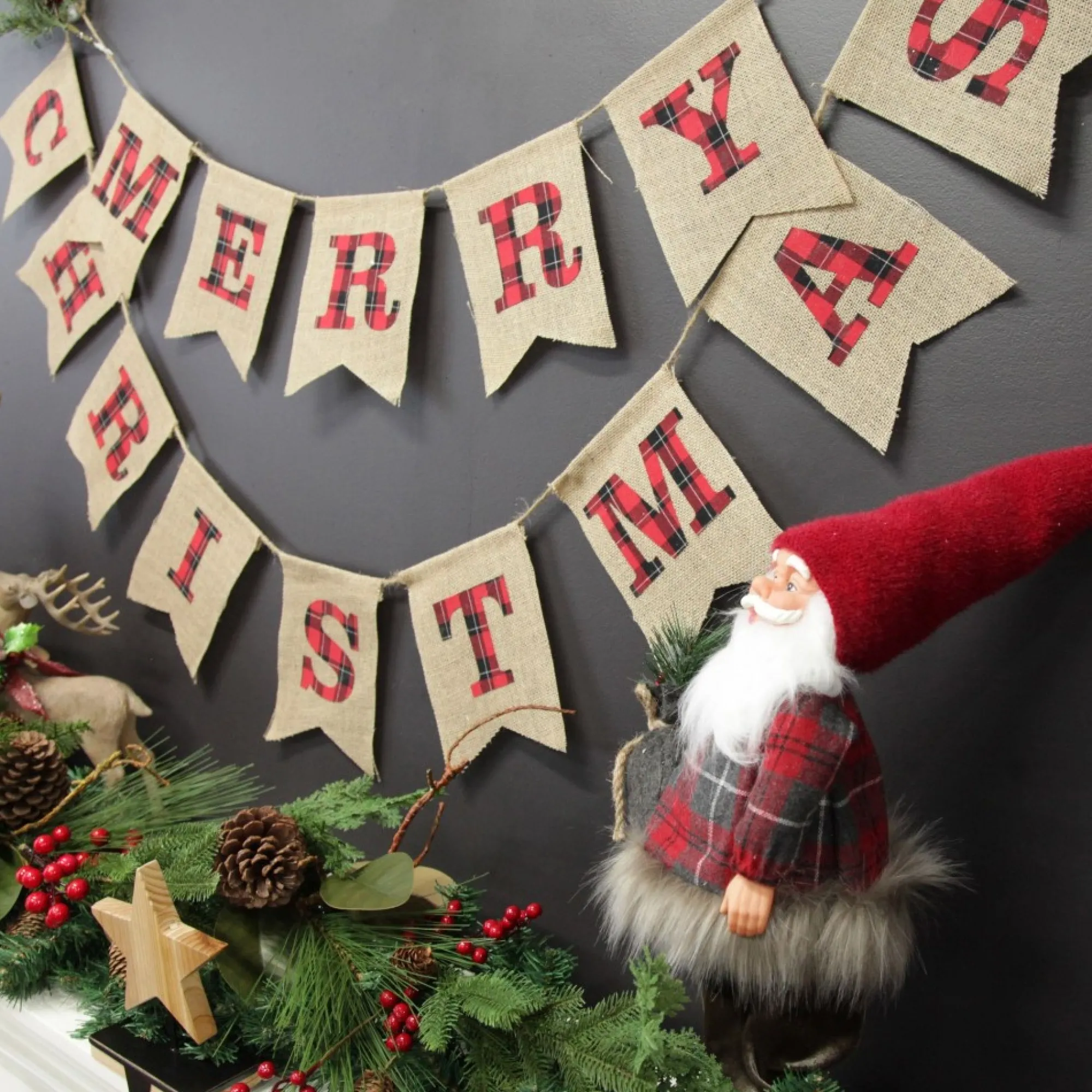 Burlap Bunting with Red and Black Plaid Merry Christmas Fashion
