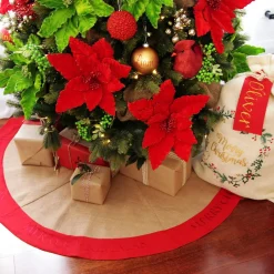 Burlap Merry Christmas Tree Skirt - Red Trim Hot
