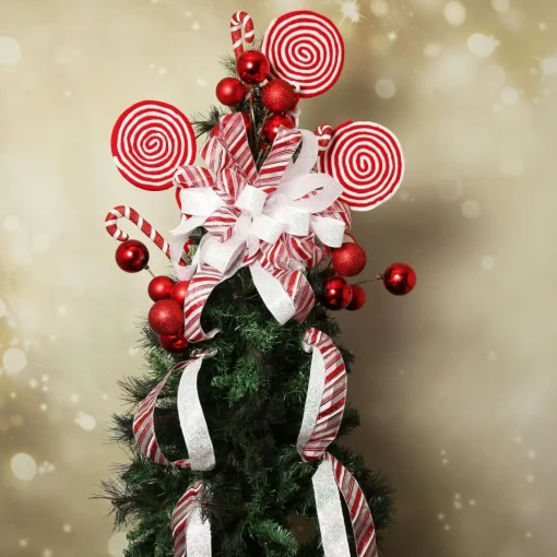 Candy Cane Stripe Deluxe Tree Topper Bow with Streamers Flash Sale