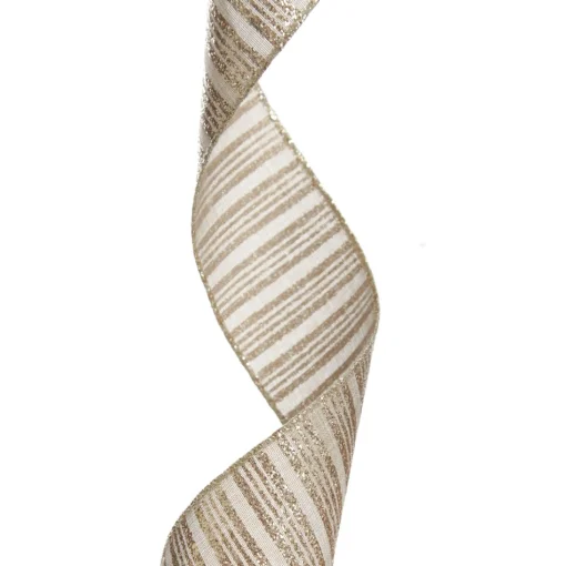 Champagne Glitter and Linen Striped Wired Ribbon - 6.5cm Cheap