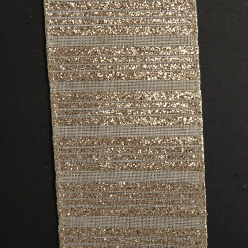 Champagne Glitter and Linen Striped Wired Ribbon - 6.5cm Cheap