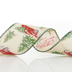Christmas Ute with Snowy Trees Natural Linen Wired Ribbon - 6.25cm Online