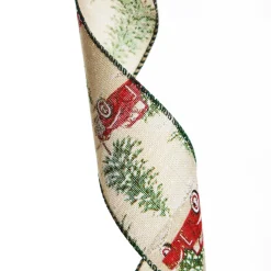 Christmas Ute with Snowy Trees Natural Linen Wired Ribbon - 6.25cm Online