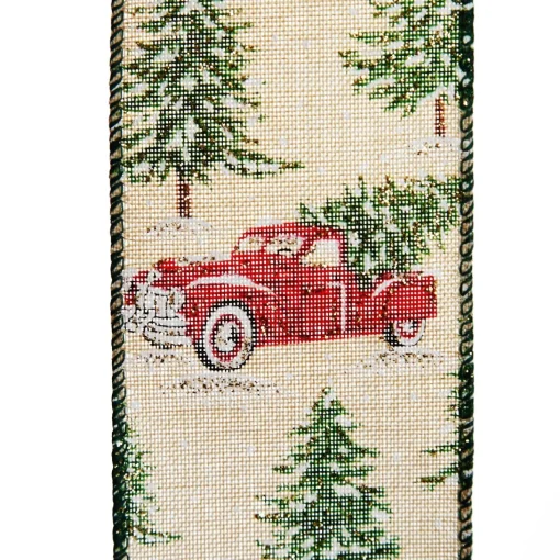 Christmas Ute with Snowy Trees Natural Linen Wired Ribbon - 6.25cm Online