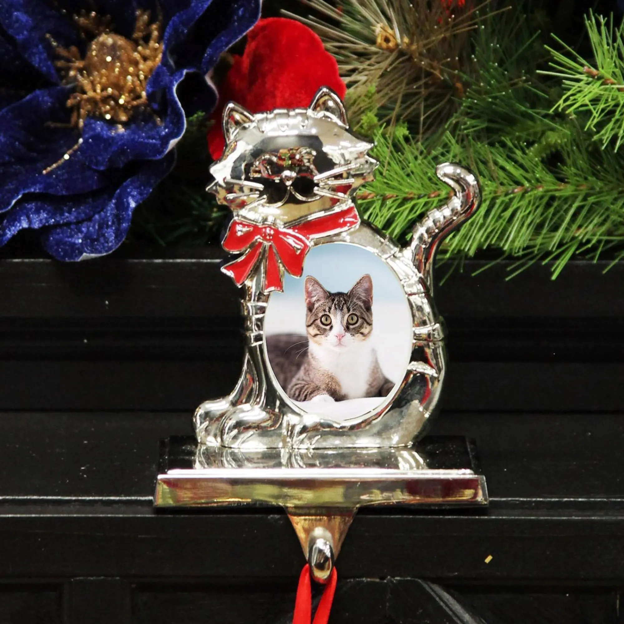 Chrome Cat Christmas Stocking Hanger with Photo Holder Sale