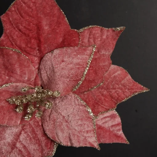 Dark Pink Velvet Poinsettia Flower Clip with Glitter Trim Clearance