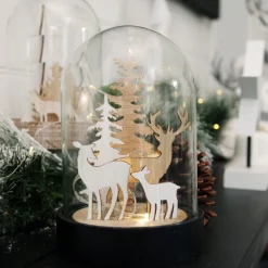 Dark Wood Base Glass Cloche with Reindeer New