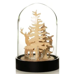 Dark Wood Base Glass Cloche with Reindeer New