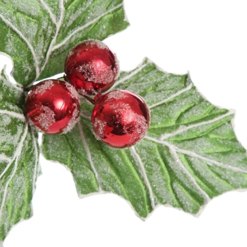 Frosted Green Holly Leaf Stem with Red Berries Outlet