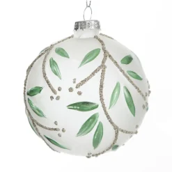 Frosted White Bauble with Green Leaves Sale