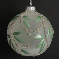 Frosted White Bauble with Green Leaves Sale