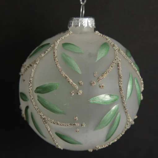 Frosted White Bauble with Green Leaves Sale