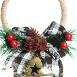 Gold Christmas Bell Door Hanger with Black Buffalo Check Bow Flash Sale