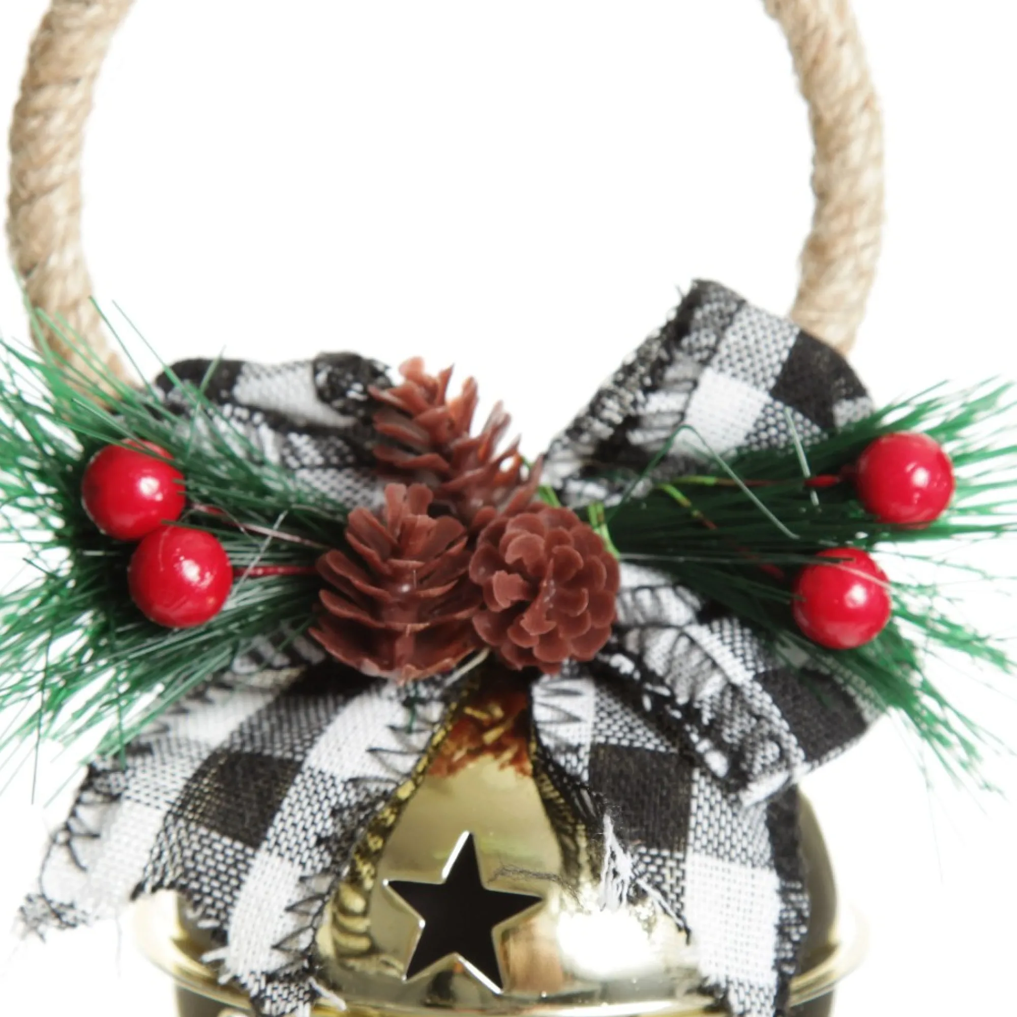 Gold Christmas Bell Door Hanger with Black Buffalo Check Bow Flash Sale