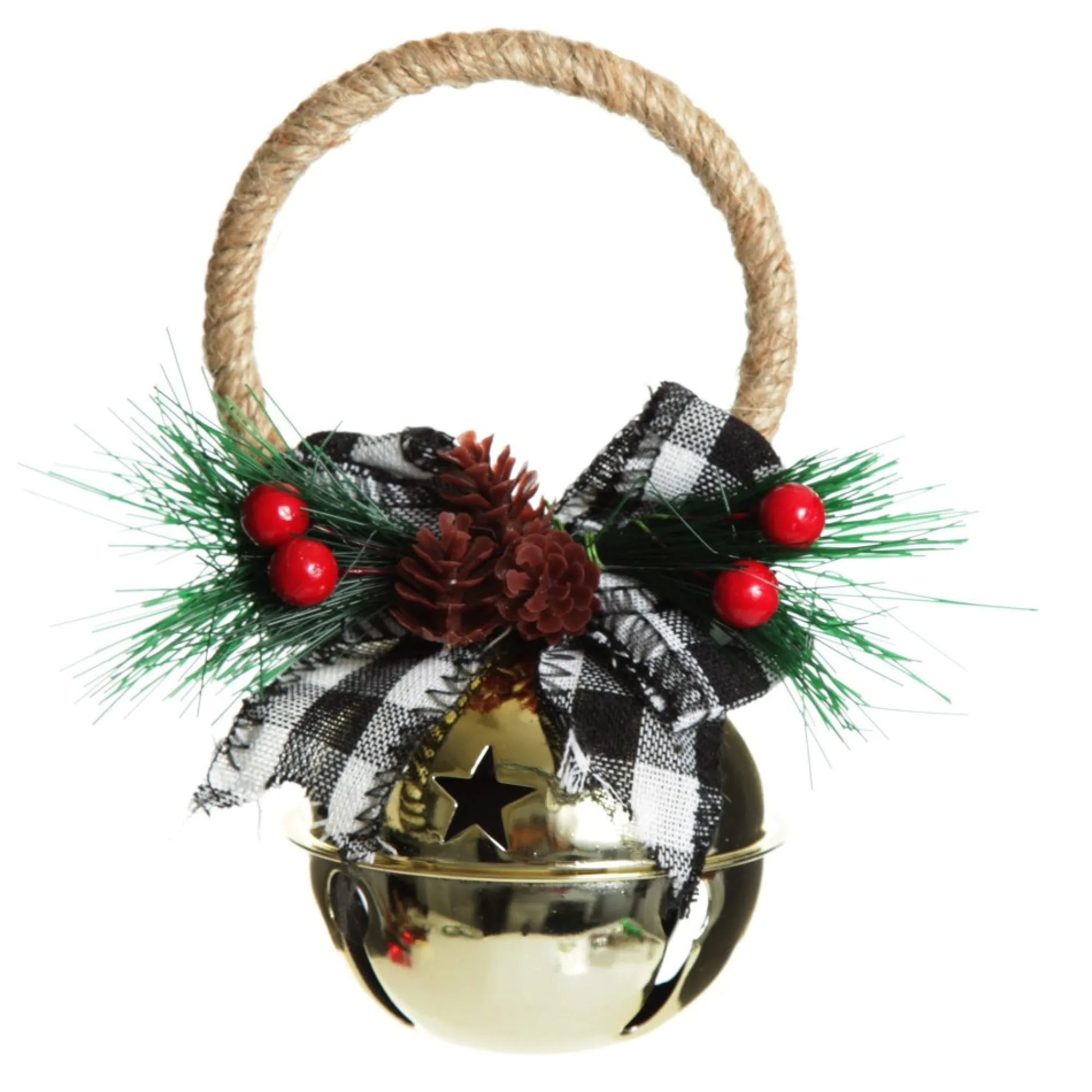 Gold Christmas Bell Door Hanger with Black Buffalo Check Bow Flash Sale