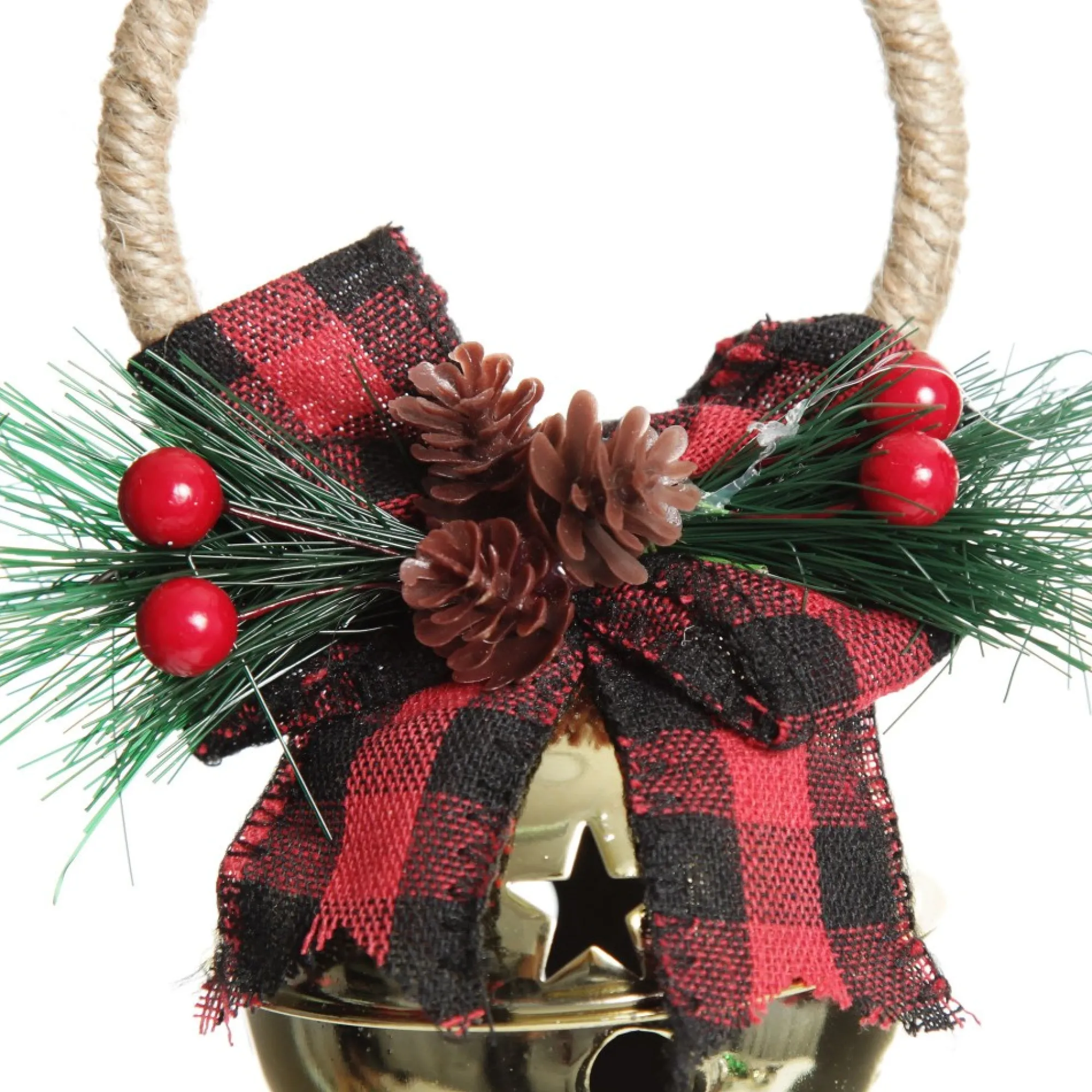 Gold Christmas Bell Door Hanger with Red Buffalo Check Bow New