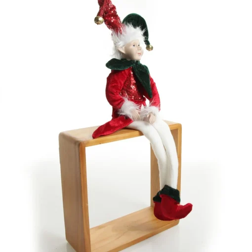 Green and Red Elf Sitting Christmas Ornament Discount
