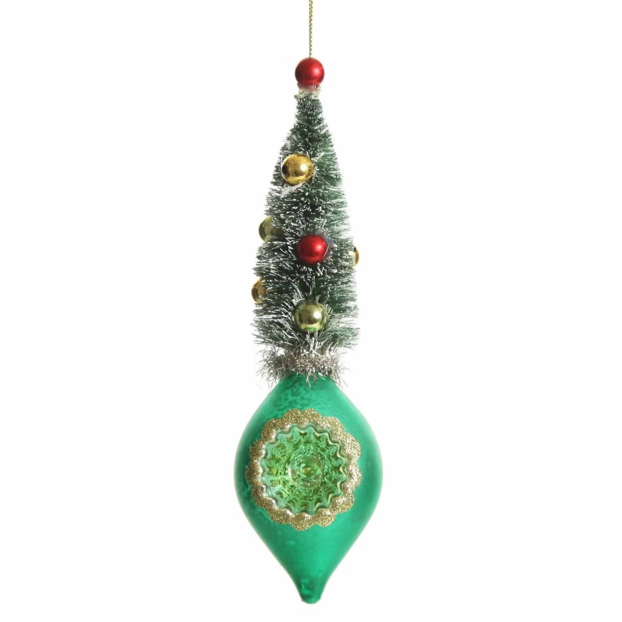 Green Vintage Glass Christmas Finial with Tree Outlet