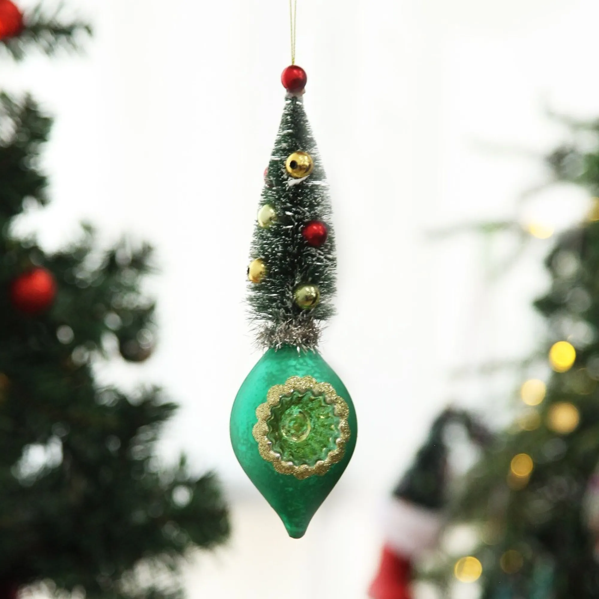 Green Vintage Glass Christmas Finial with Tree Outlet