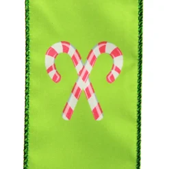 Green with Printed Candy Canes Wired Christmas Ribbon Shop