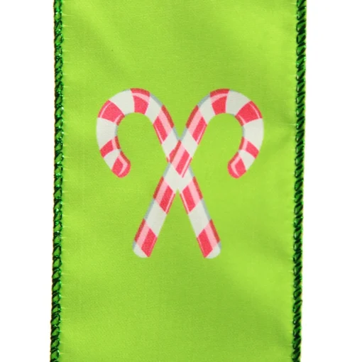 Green with Printed Candy Canes Wired Christmas Ribbon Shop
