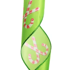 Green with Printed Candy Canes Wired Christmas Ribbon Shop