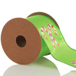 Green with Printed Candy Canes Wired Christmas Ribbon Shop