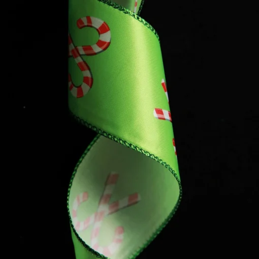 Green with Printed Candy Canes Wired Christmas Ribbon Shop