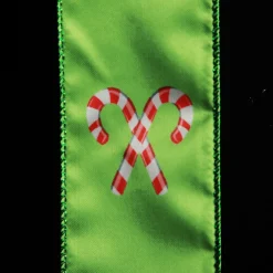 Green with Printed Candy Canes Wired Christmas Ribbon Shop