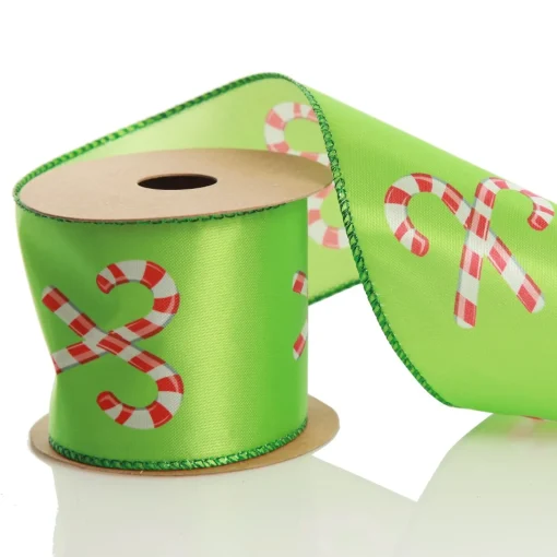 Green with Printed Candy Canes Wired Christmas Ribbon Shop