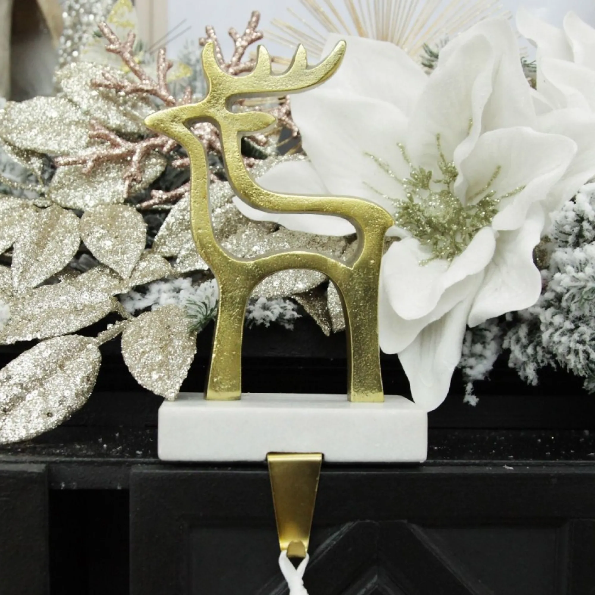 Hollow Raw Gold Reindeer Christmas Stocking Hanger with Quartz Base Flash Sale