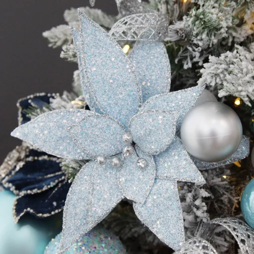 Ice Blue Glitter Poinsettia Flower Clip Cheap